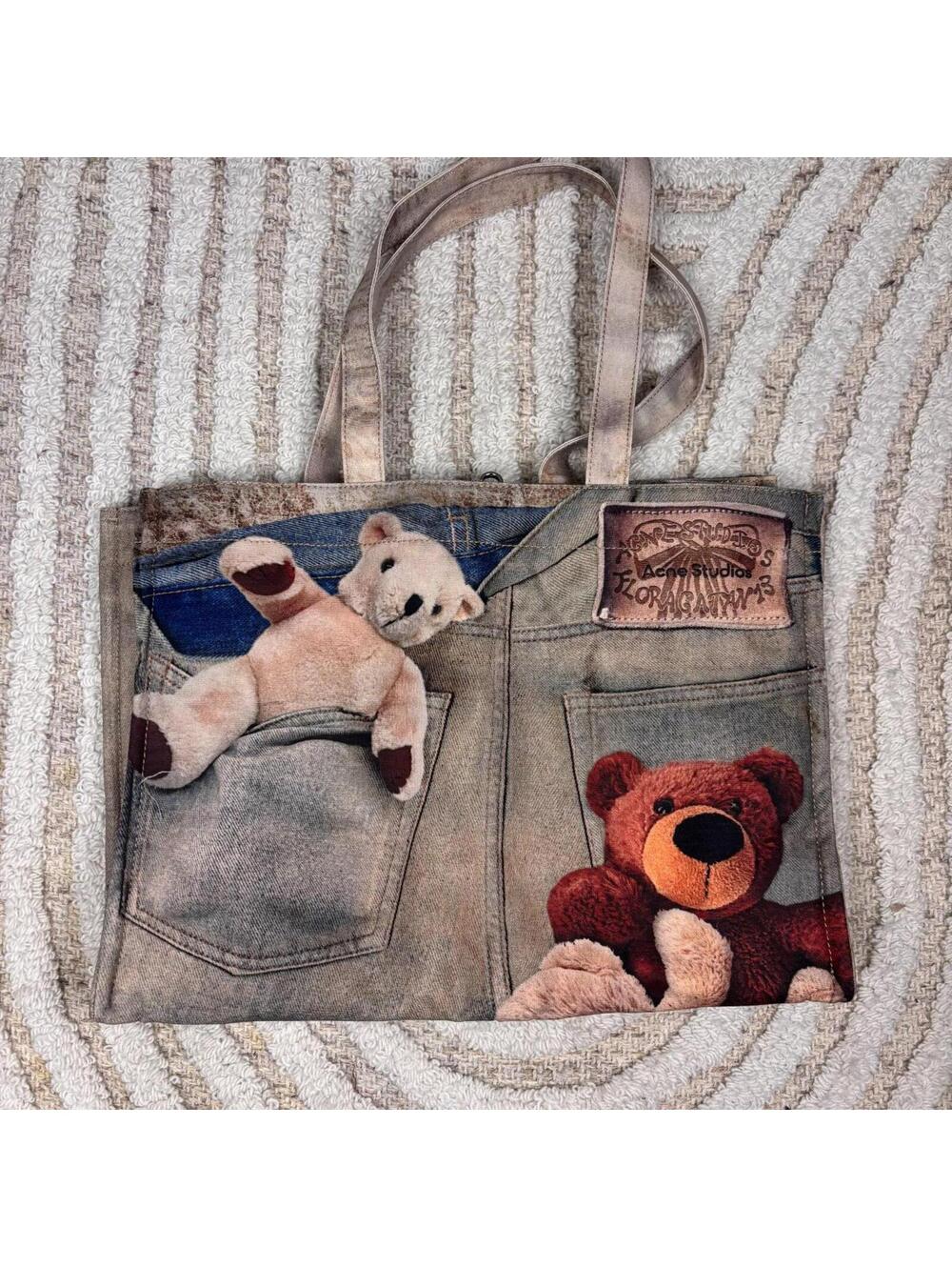 Acne Studios Trompe L’oeil Teddy Bear Denim Shopper Tote - Picture 3 of 8